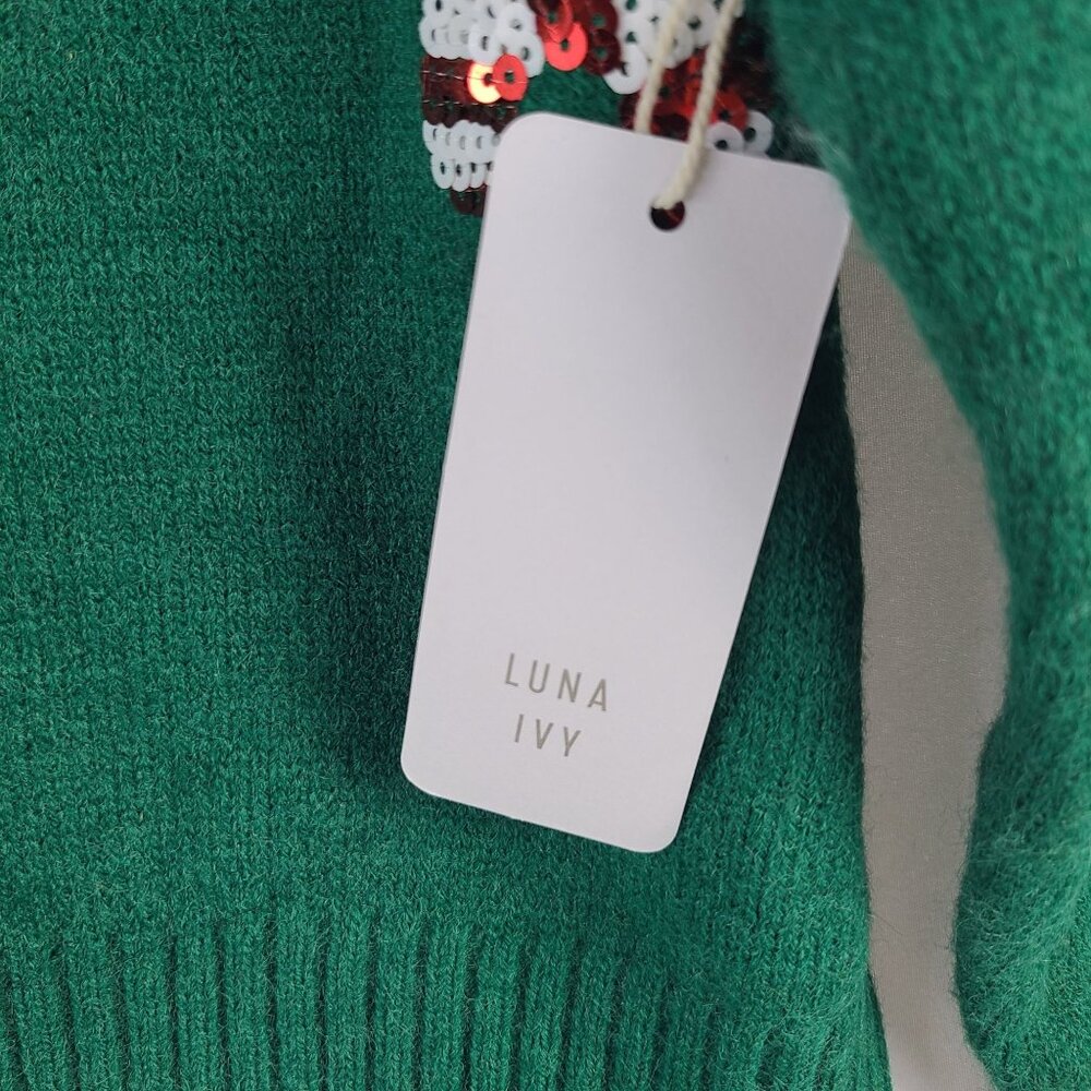 Luna Ivy Green Candy Cane Sequin Sweater Acrylic Blend Christmas Pullover Sz M - Picture 2 of 7